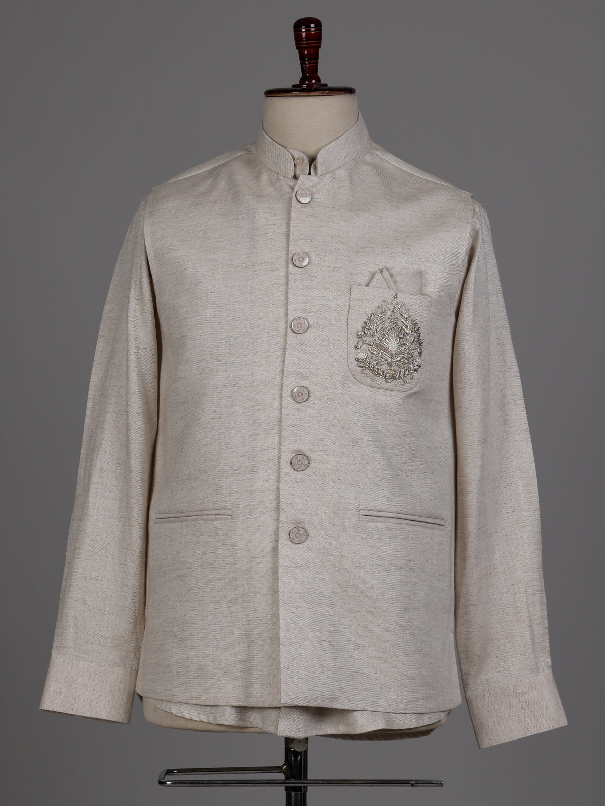 Cream ethnic waistcoat set with silver zardozi crest embroidery