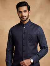 Midnight navy Nehru waistcoat set with royal crest embroidery