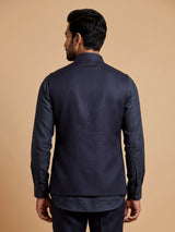 Midnight navy Nehru waistcoat set with royal crest embroidery
