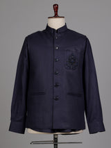 Midnight navy Nehru waistcoat set with royal crest embroidery