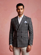 Charcoal grey glen plaid double breasted tailored blazer