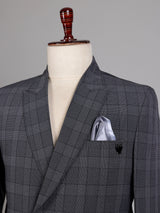 Charcoal grey glen plaid double breasted tailored blazer