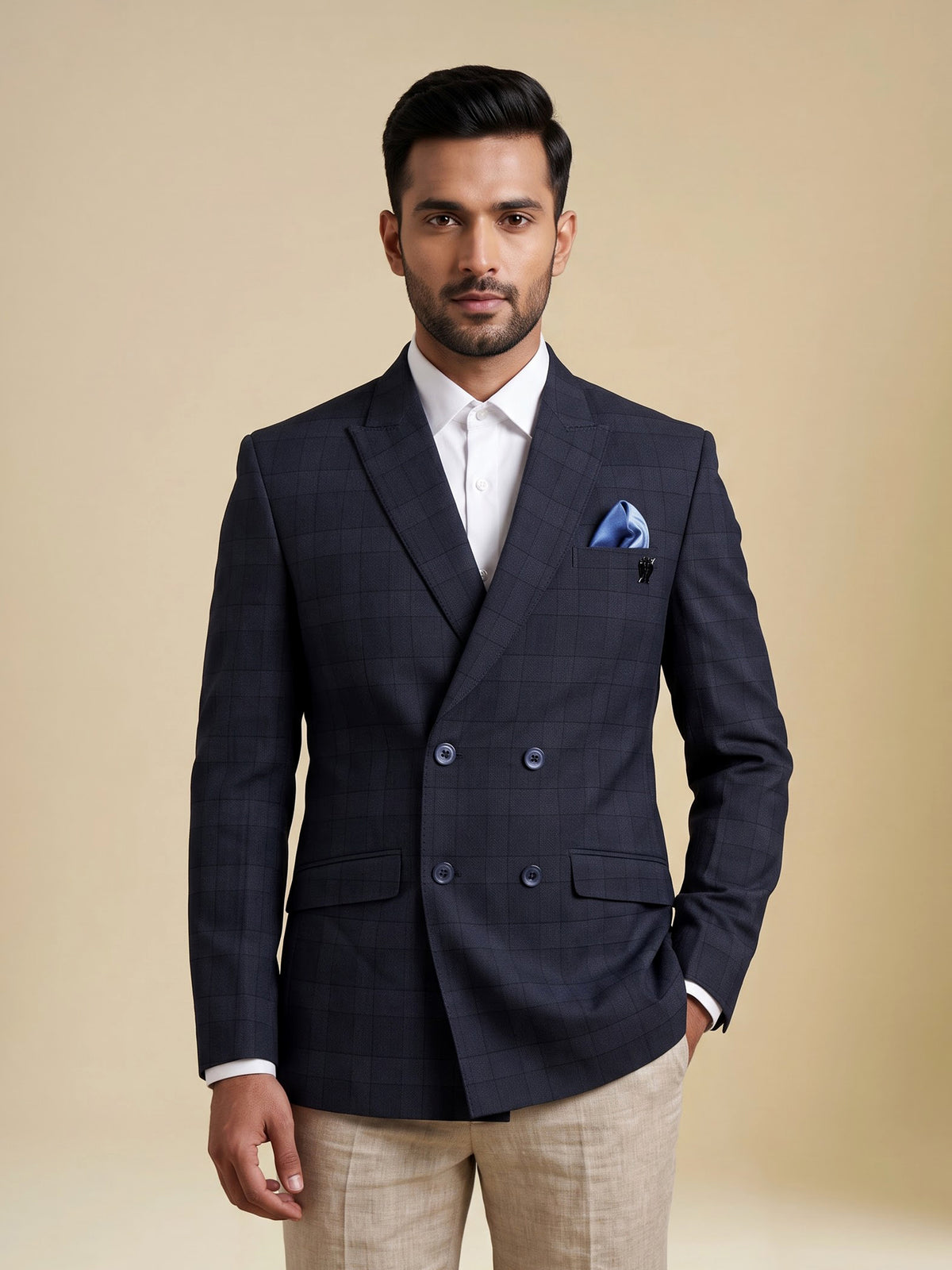 Midnight navy textured self weave double breasted blazer