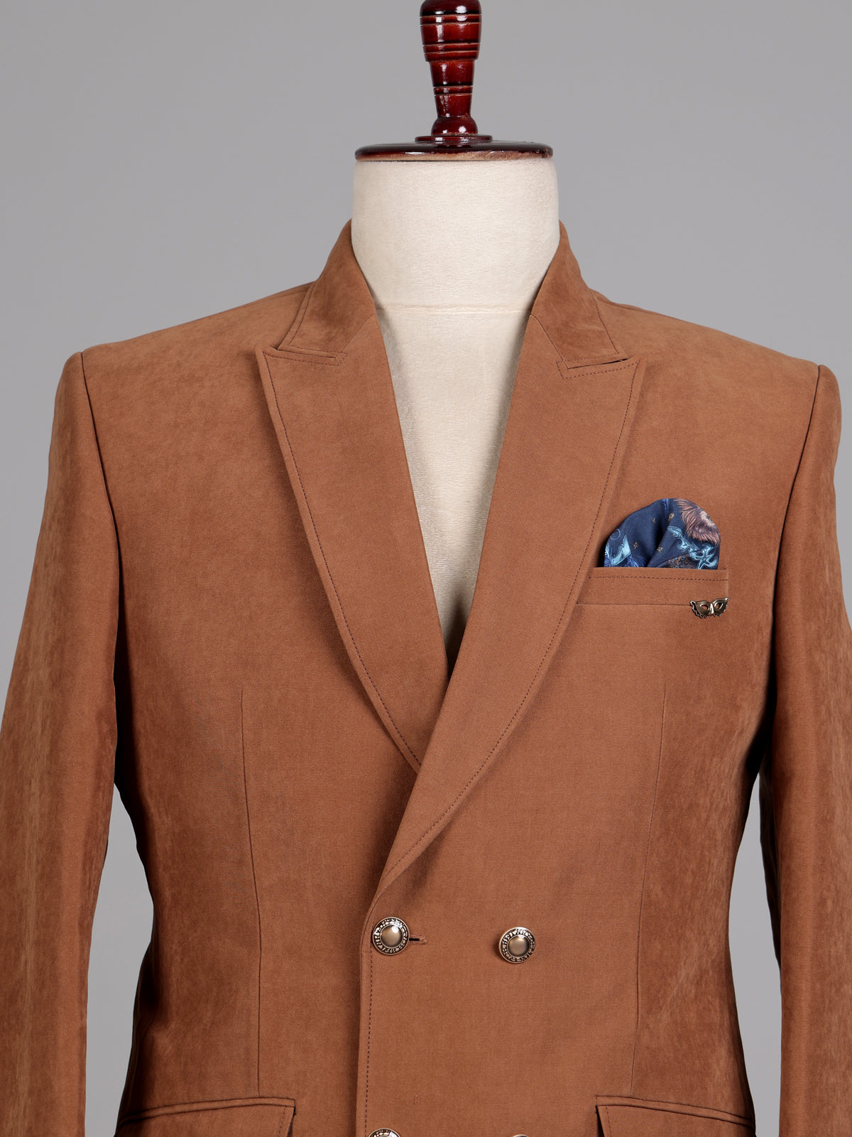 Tan brown suede finish double breasted tailored blazer