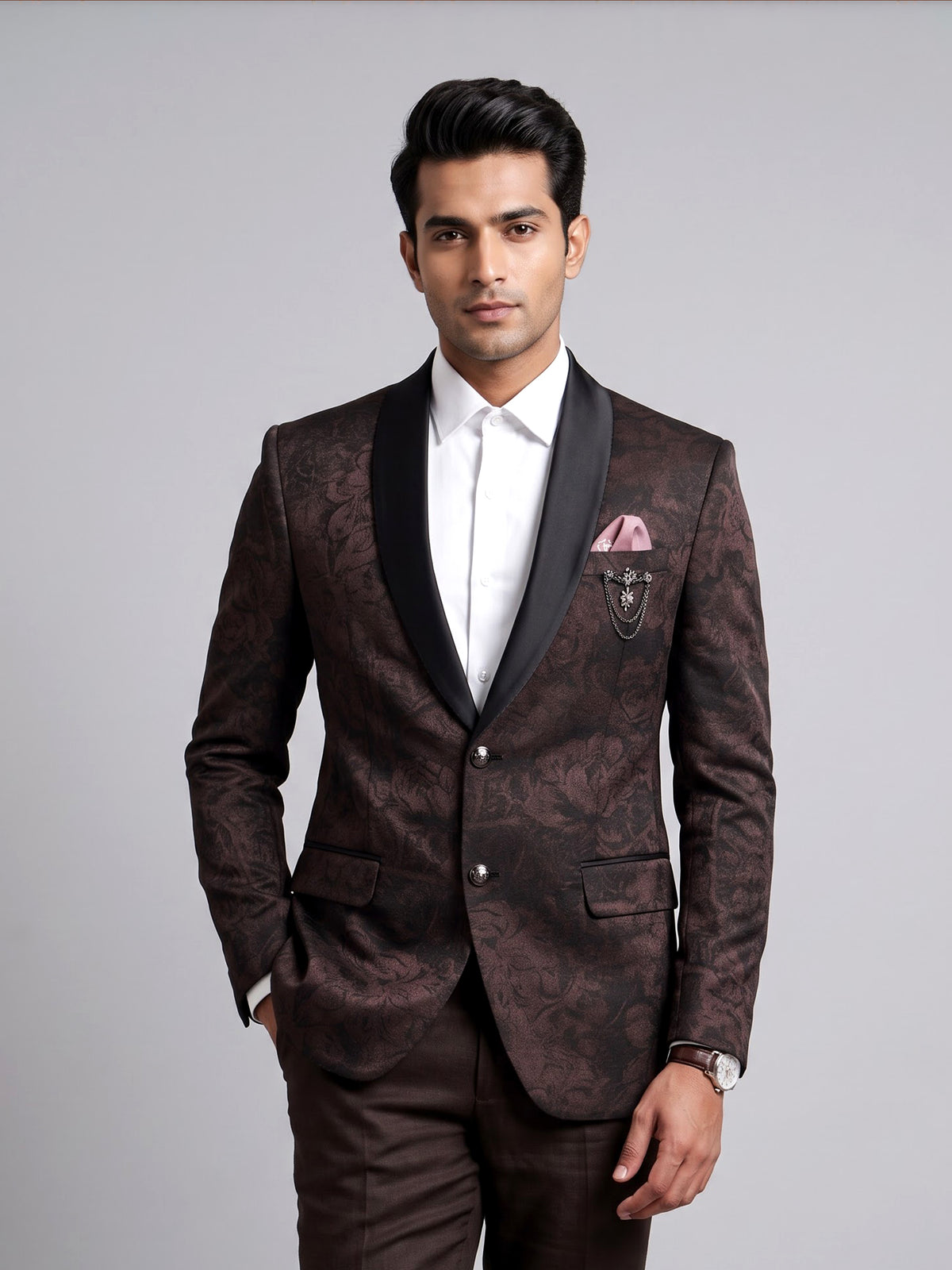 Deep Brown jacquard shadow floral shawl collar tuxedo blazer