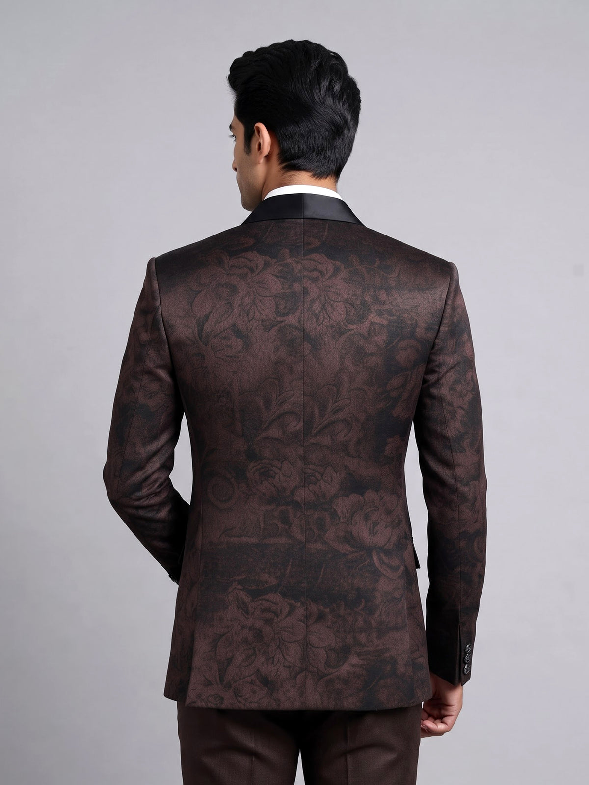Deep Brown jacquard shadow floral shawl collar tuxedo blazer