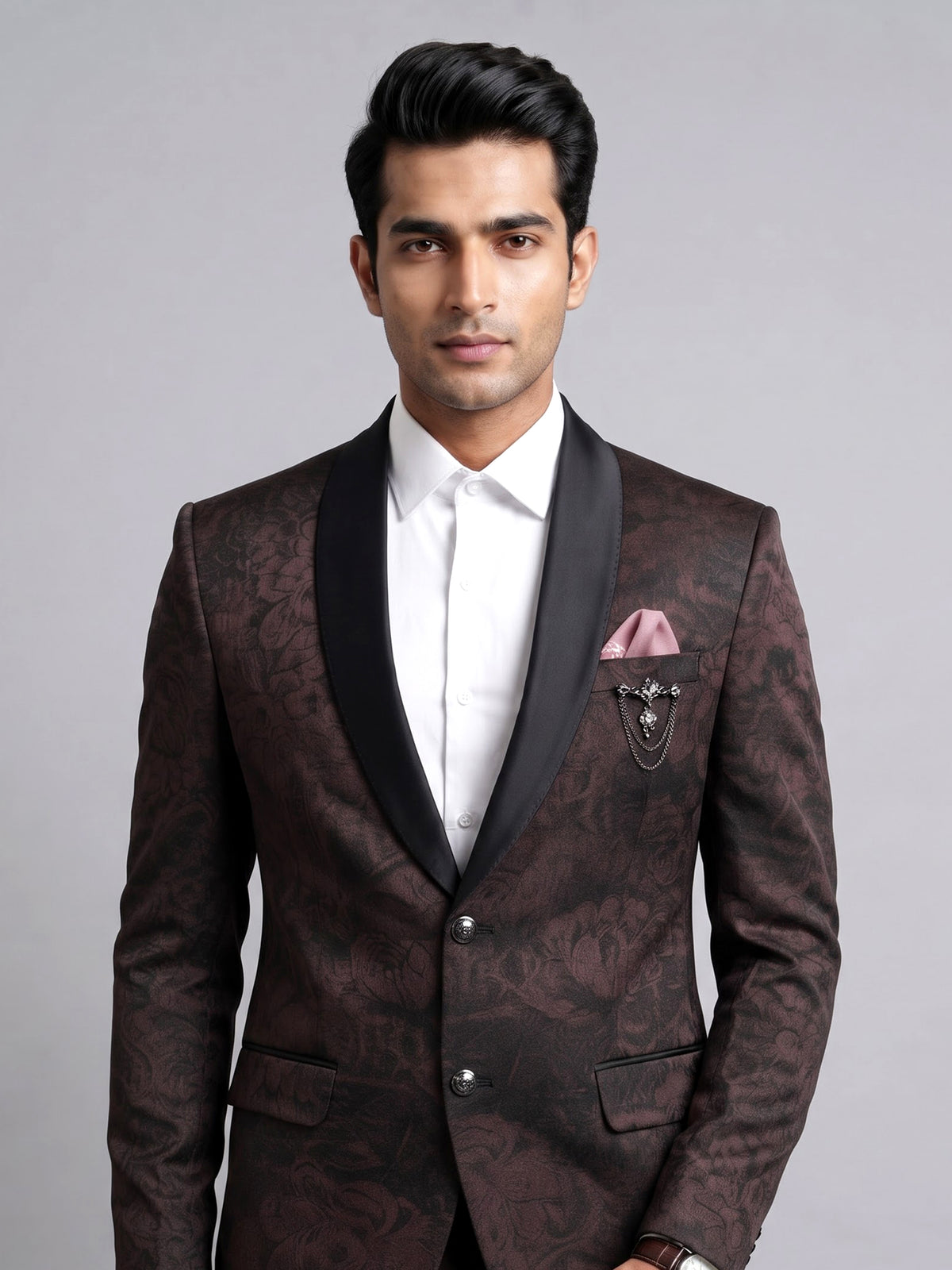 Deep Brown jacquard shadow floral shawl collar tuxedo blazer