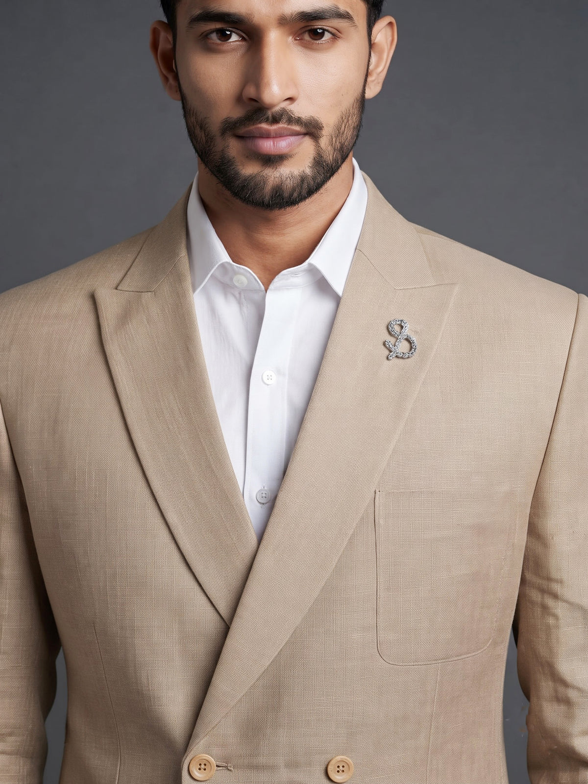 Elegant beige fine textured double breasted party blazer