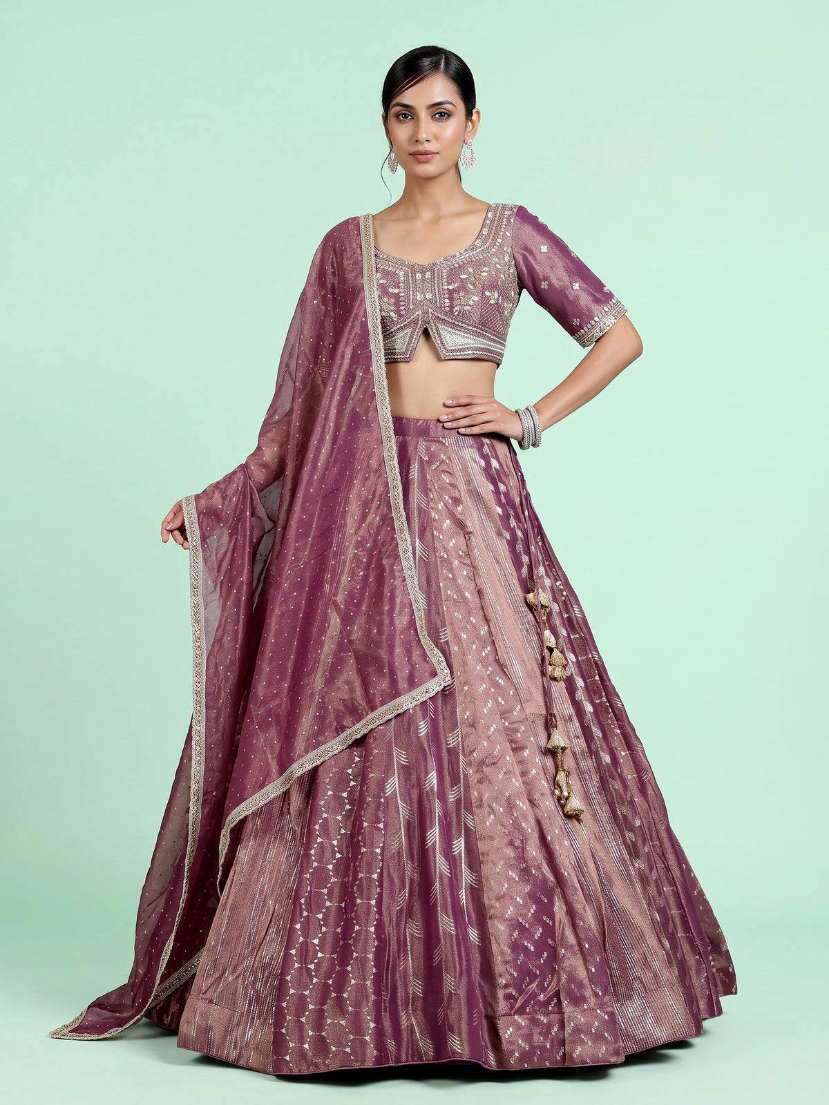 Purple banarasi tissue silk designer lehenga with embellished dupatta