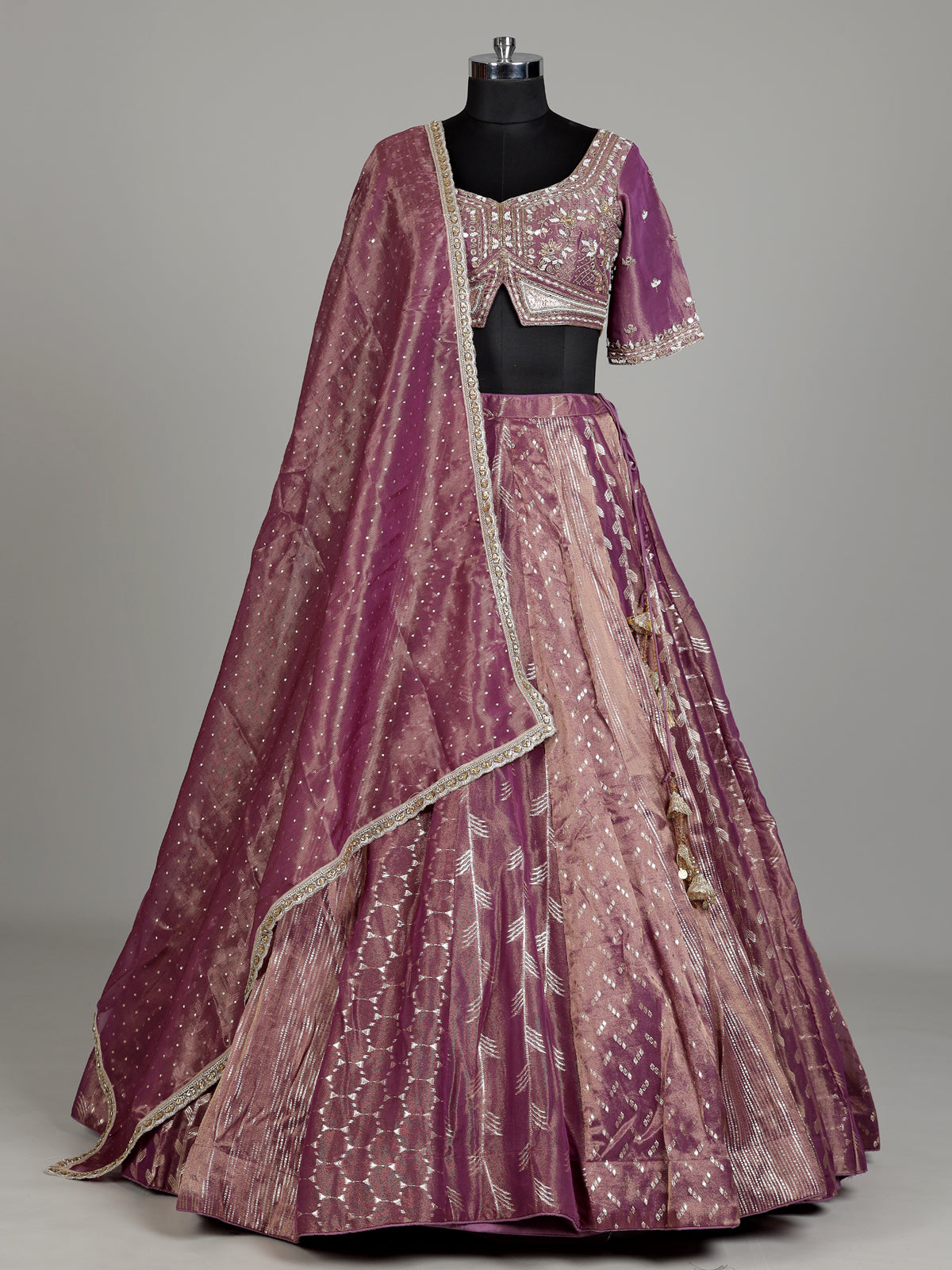 Purple banarasi tissue silk designer lehenga with embellished dupatta