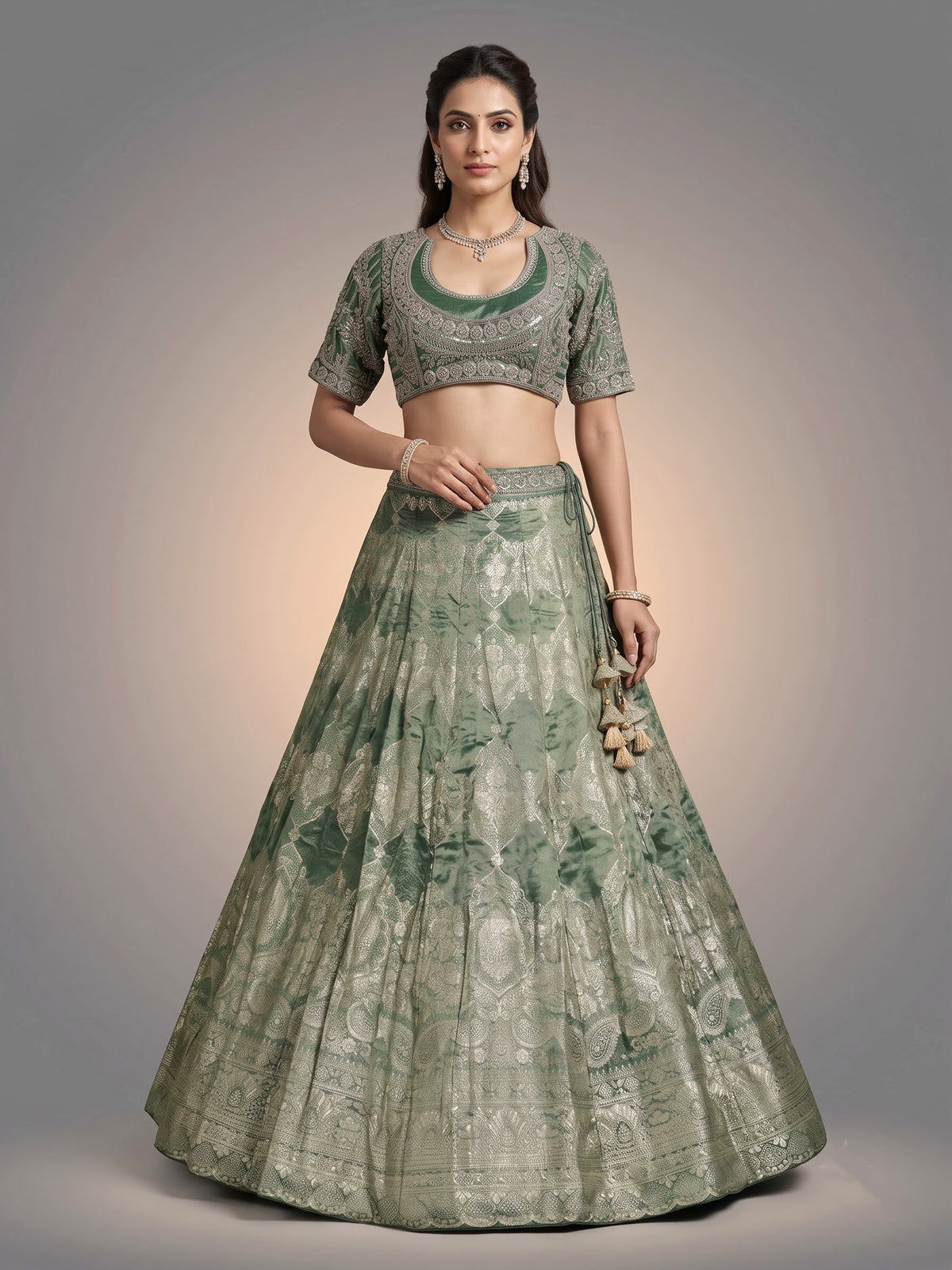 Mehendi green banarasi silk lehenga choli with embellished dupatta