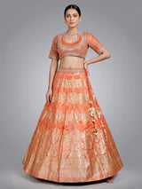 Rust orange banarasi silk lehenga choli with embellished dupatta