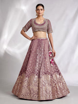 Purple banarasi silk lehenga choli with zari and mirror embellishments