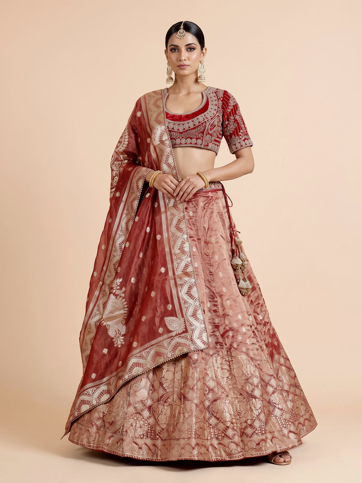 Red banarasi silk lehenga choli with sparkling embellished dupatta