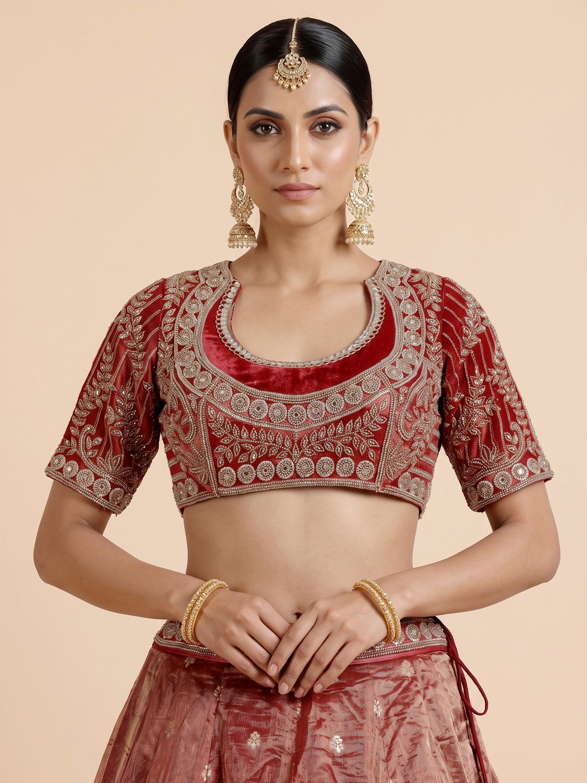Red banarasi silk lehenga choli with sparkling embellished dupatta