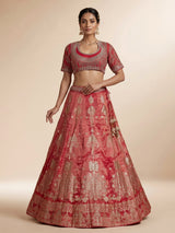 Rani pink banarasi silk lehenga choli with embellished dupatta
