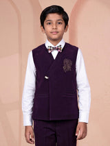 Wine boys waistcoat suit with embellished crest and bow tie