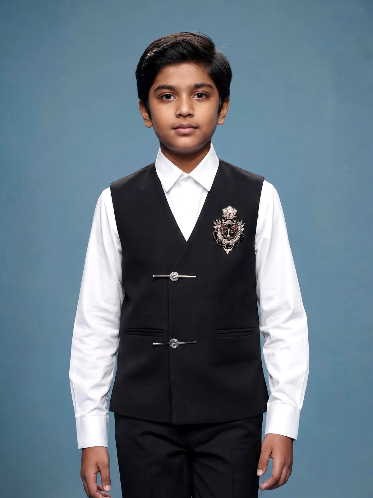 Jet black boys waistcoat suit with zardosi royal crest