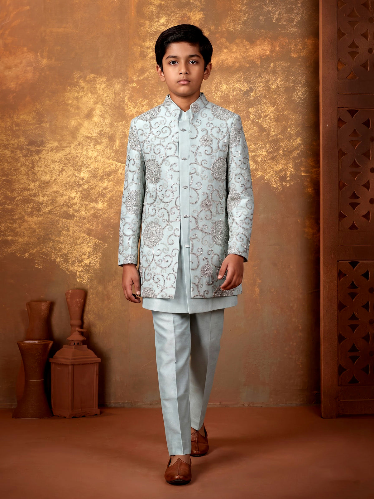 Mint green boys Indo-western jacket suit with metallic embroidery