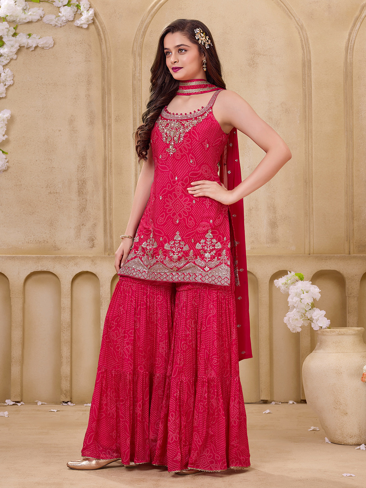 Pink festive girls sharara suit with dupatta
