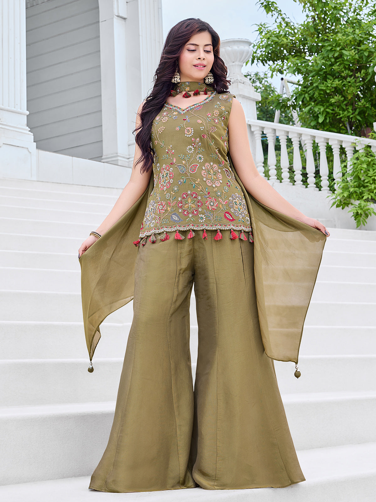 Mehendi green kashmiri girls palazzo suit