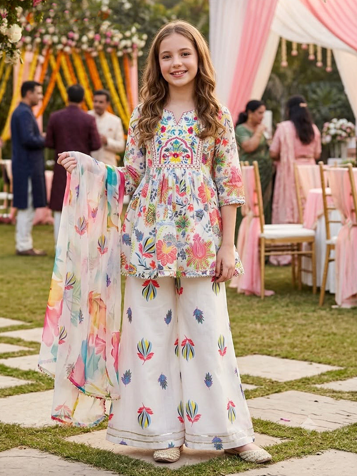 Multi colour artistic girls designer palazzo suit