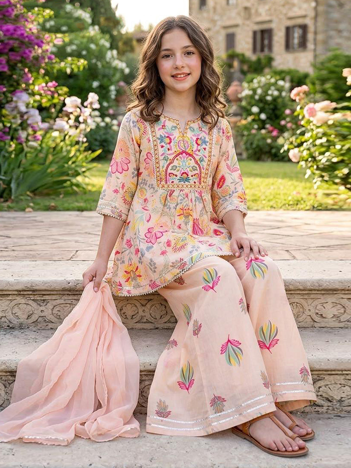 Light peach floral girls sharara suit