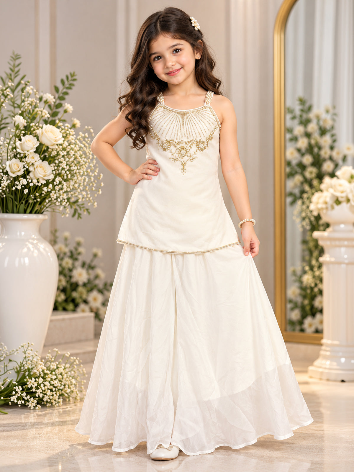 White pearl girls designer palazzo suit