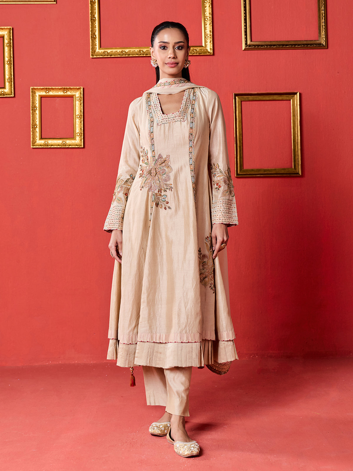 Beige women embellished anarkali suit for wedding