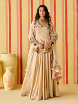 Beige silk designer lehenga choli with thread detailing