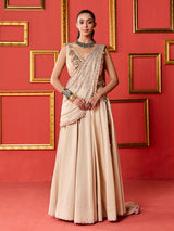Beige silk designer wedding lehenga choli with tassel accents dupatta