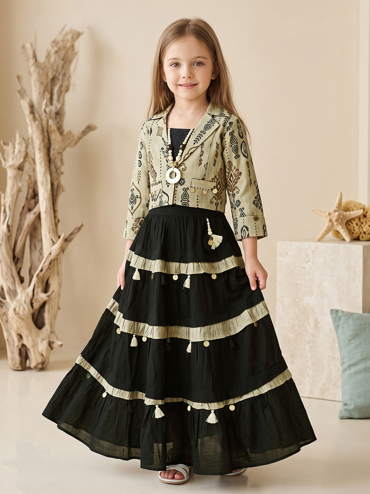 Black ornate girls lehenga choli with jacket