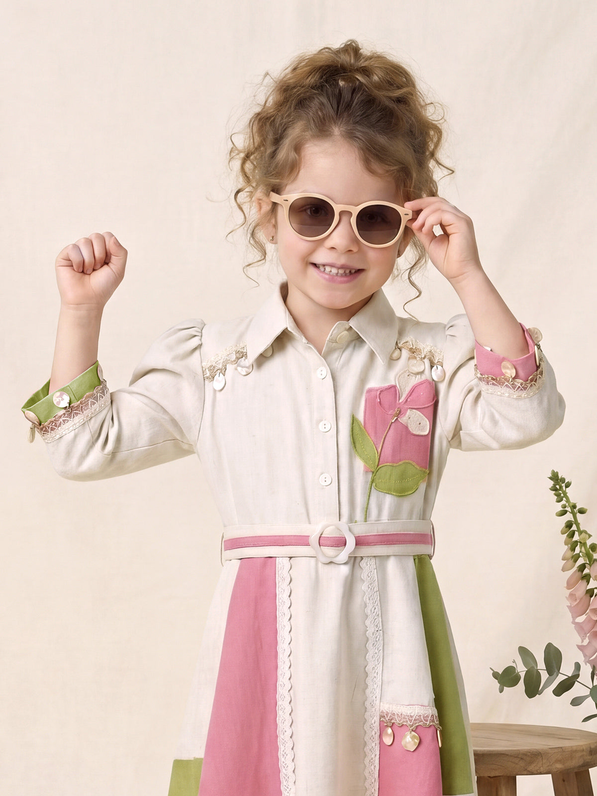 Cream printed patchwork girls frock