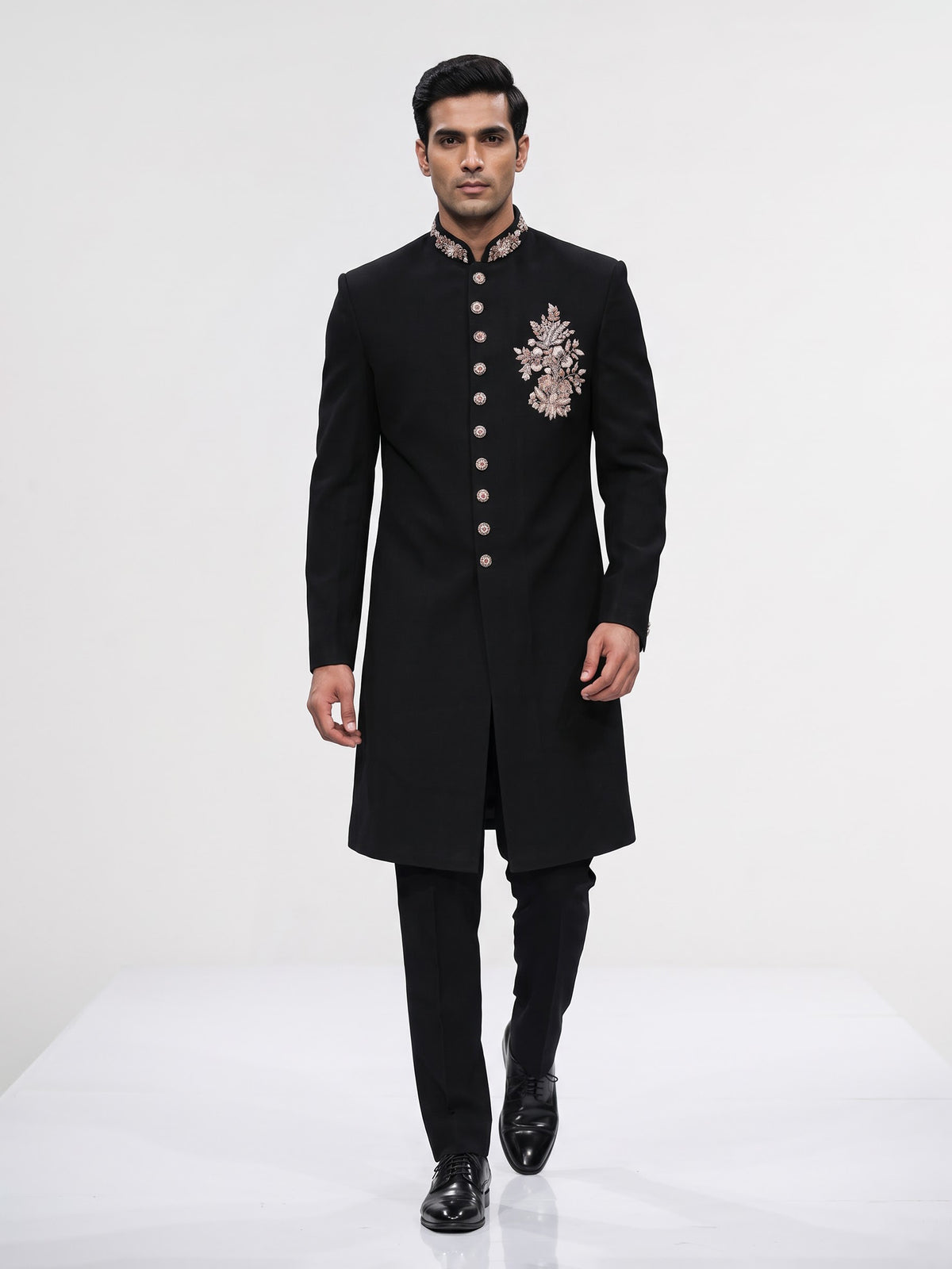 Black terry rayon embellished floral crest sherwani for mens weddings