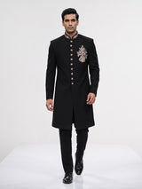 Black terry rayon embellished floral crest sherwani for mens weddings