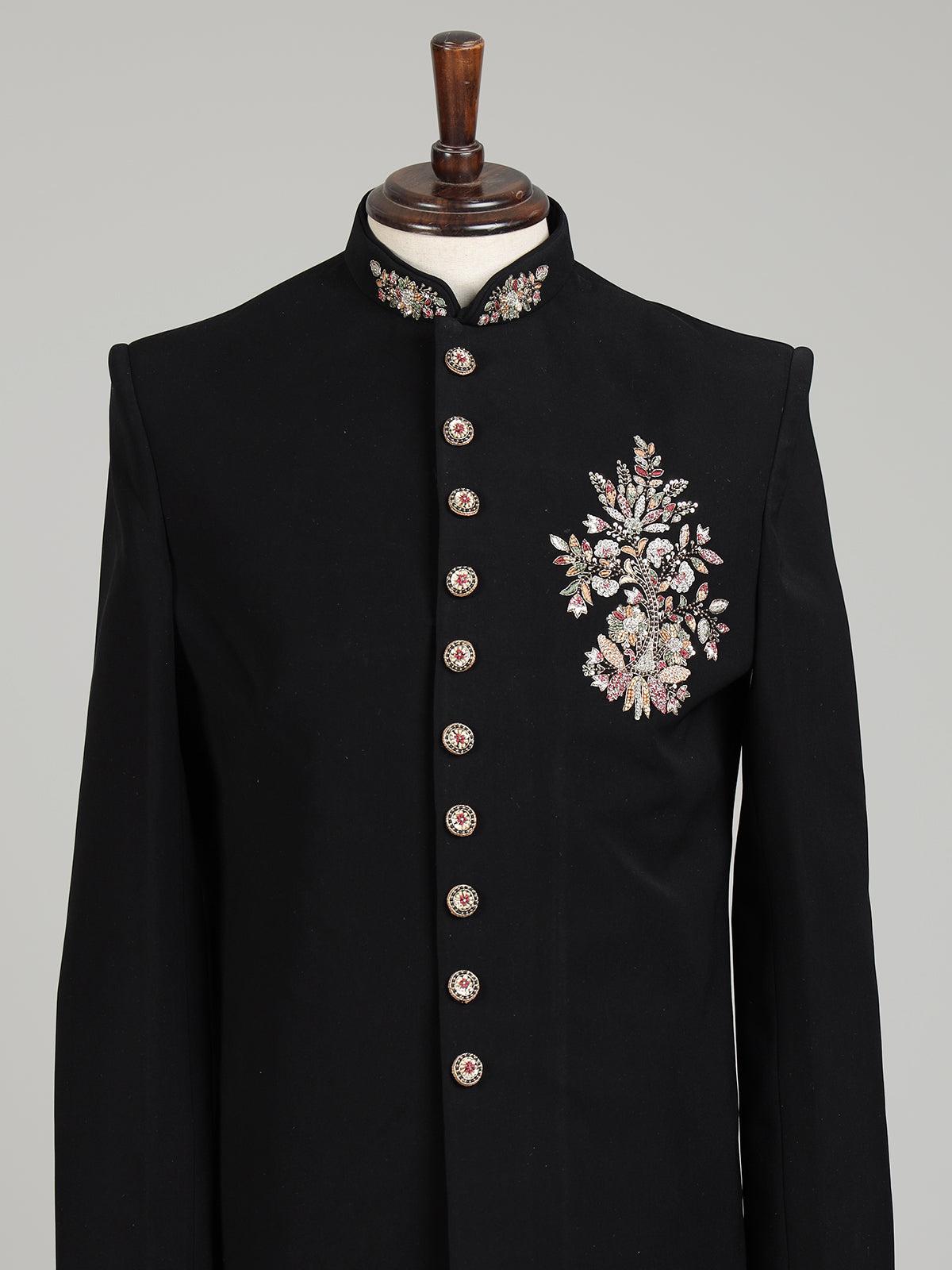 Black terry rayon embellished floral crest sherwani for mens weddings