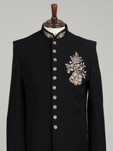 Black terry rayon embellished floral crest sherwani for mens weddings