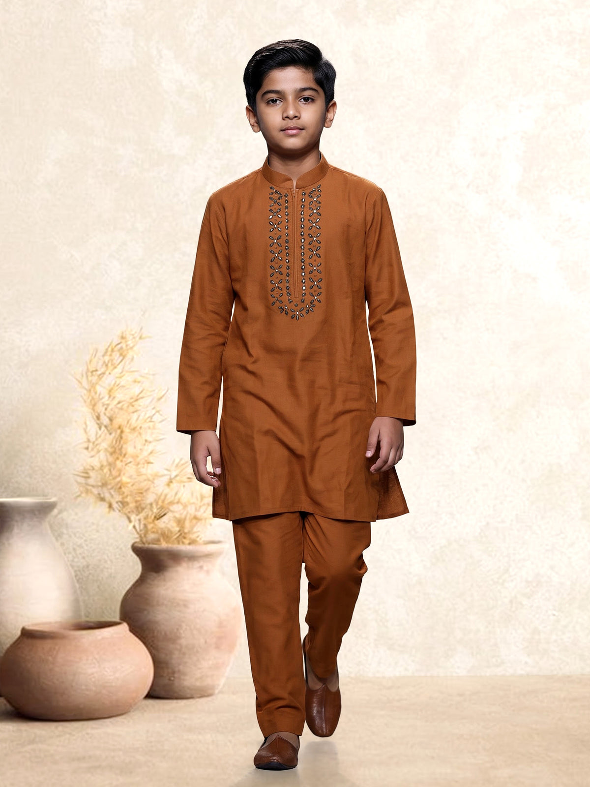 Rust brown cotton boys kurta pajama set with embellishments