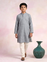 Slate grey linen boys kurta pajama set with vine embroidery