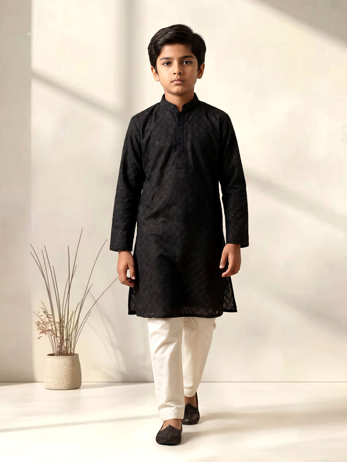 Jet black linen boys kurta pajama set with botanical embroidery