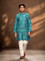 Aqua blue silk boys kurta pajama with Patola motifs