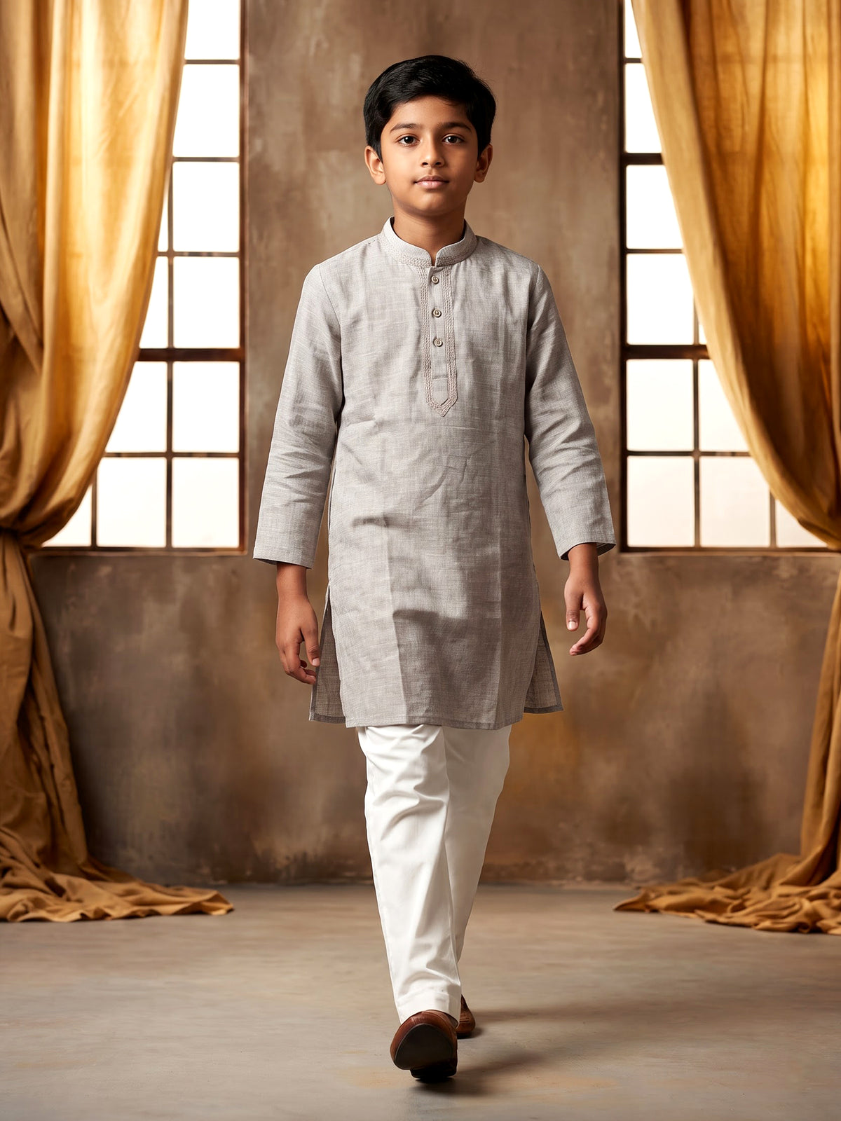 Heather grey linen boys kurta pajama set with tonal embroidery