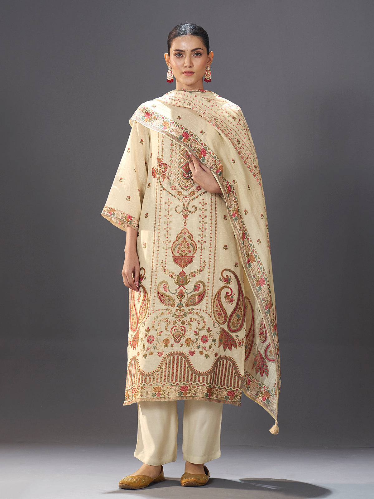 Cream cotton blend kashmiri inspired kurti set with zari detailing