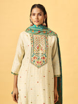 Off white cotton blend kurti set with teal jacquard dupatta