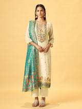 Off white cotton blend kurti set with teal jacquard dupatta