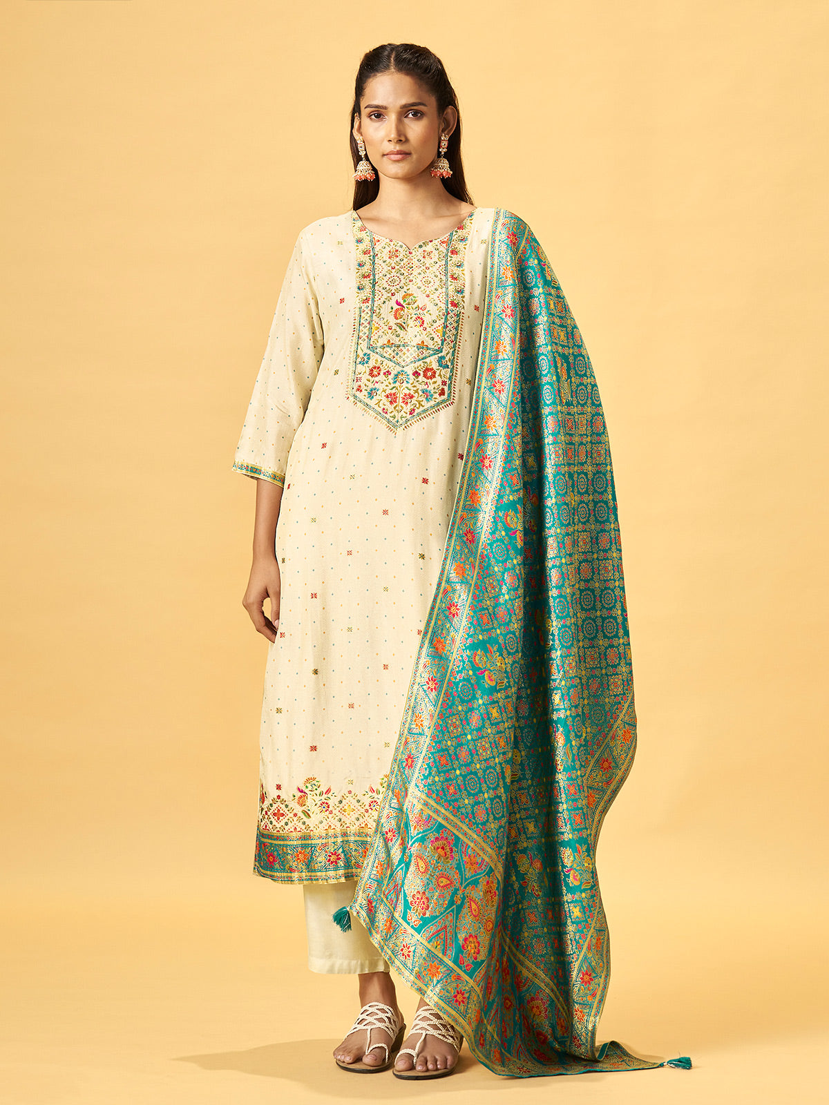Off white cotton blend kurti set with teal jacquard dupatta