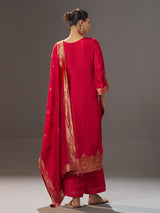 Crimson red silk blend kurti set with zari embellishments