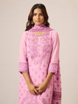 Soft pink cotton blend kurti set with kashmiri motifs