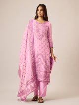Soft pink cotton blend kurti set with kashmiri motifs