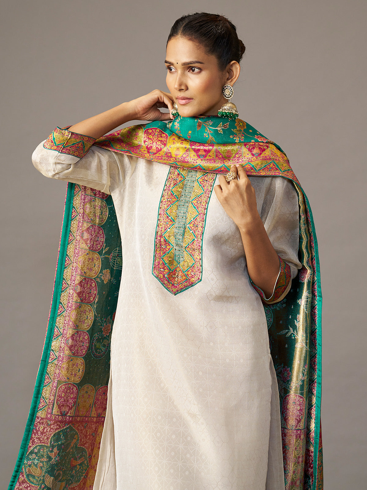 Off white cotton blend kurti set with multicolor jacquard dupatta